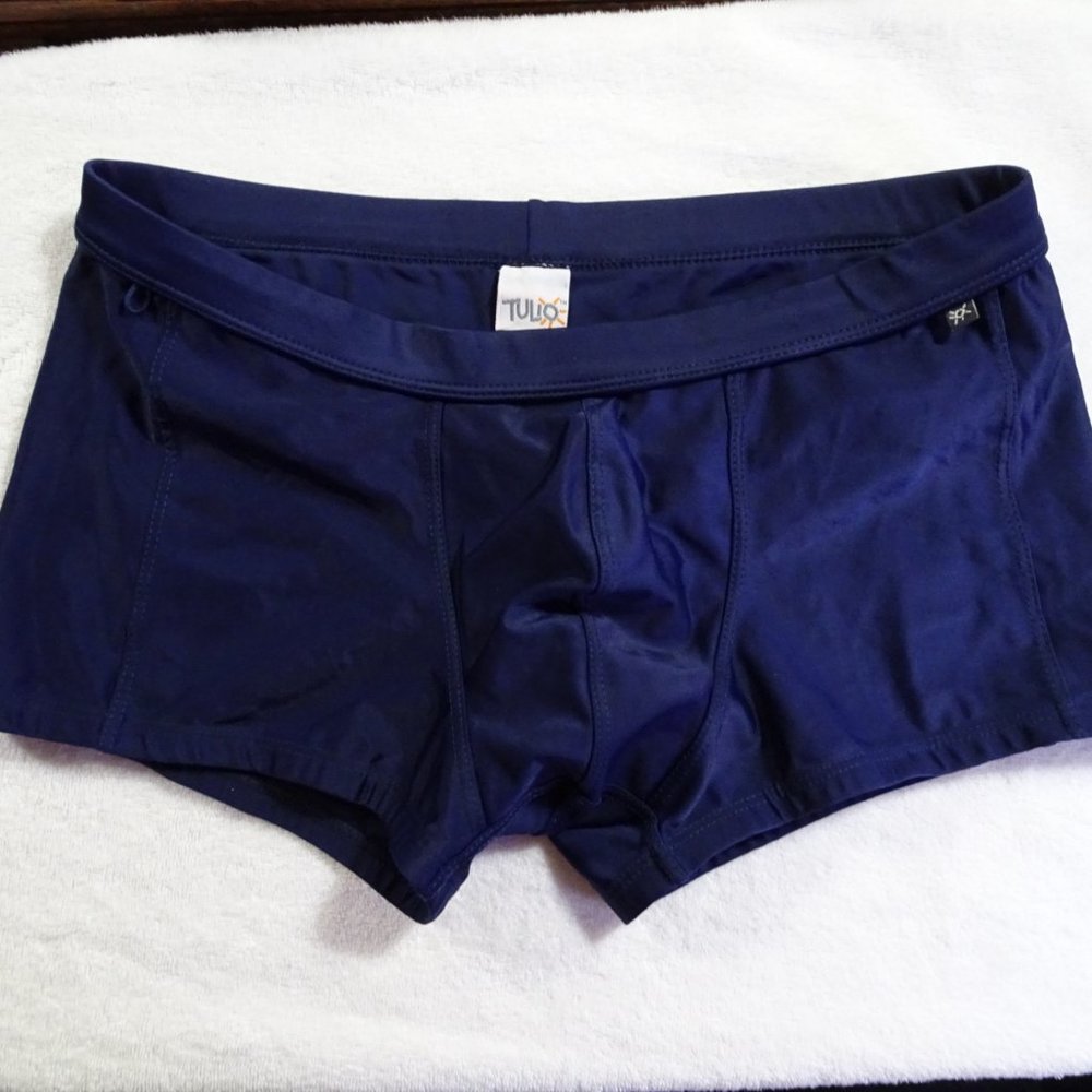 Tulio Men's Men's Square Cut Swim Trunk, w C-Ring Pouch, Navy, Nylon, XL (34-38) - Picture 10 of 14